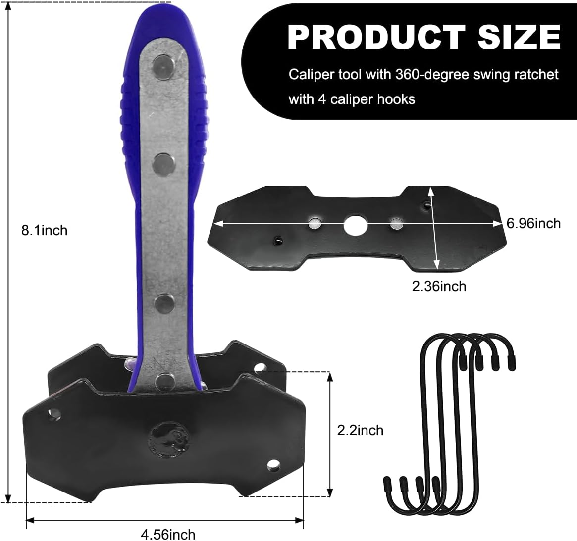 Brake Caliper Compression Tool Kit, 360° Ratchet Piston Compressor with 2 Large Steel Plates & 4 Caliper Hooks