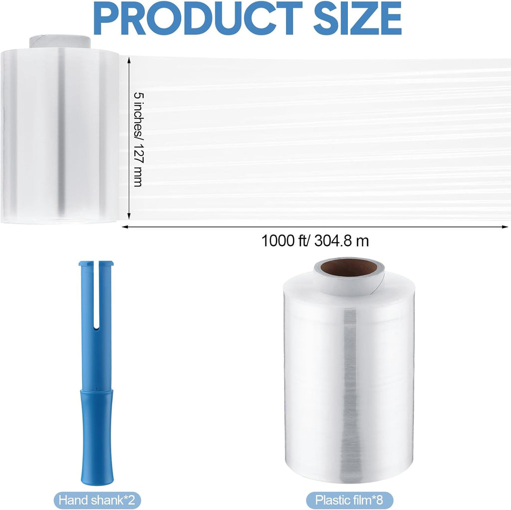 3 Pcs Mini Stretch Film Industrial Shrink Wrap Roll Plastic Film for Moving 2 Handles 5" x 1000 ft Pallet Wrap