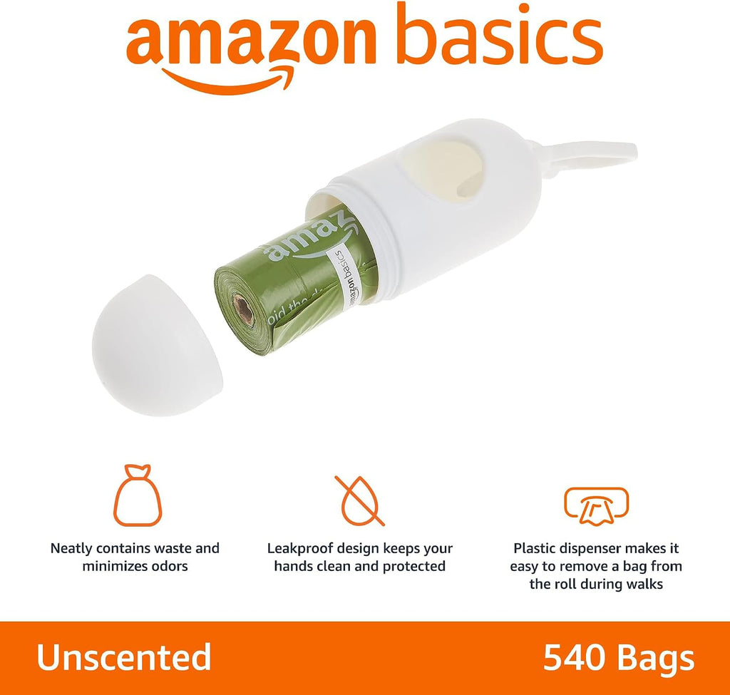 Premium Leak Proof Dog Poop Bags with Dispenser and Leash Clip, Unscented, 13" x 9", 540 Count (36 Rolls of 15)