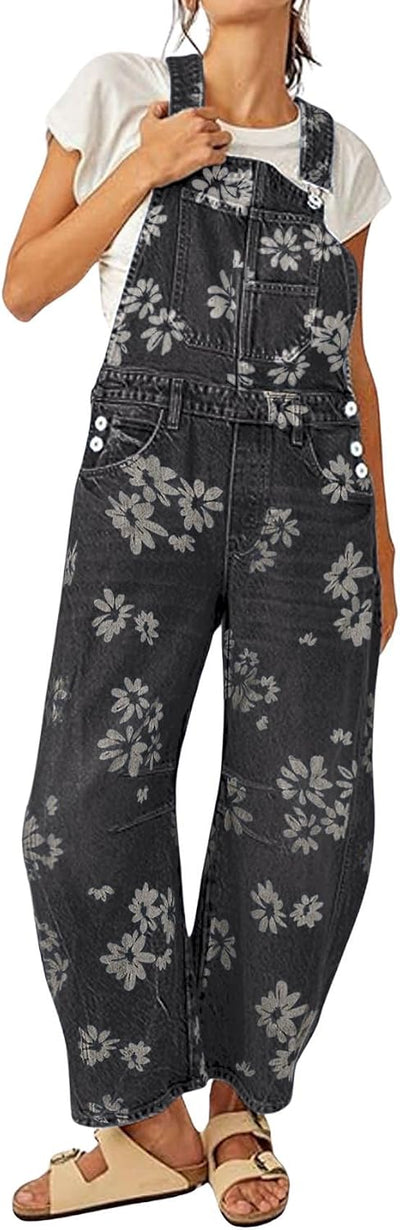 Women Floral Print Denim Overalls Baggy Barrel Jeans Patchwork Denim Pants Y2k Straps Wide Leg Jumpsuit One Piece