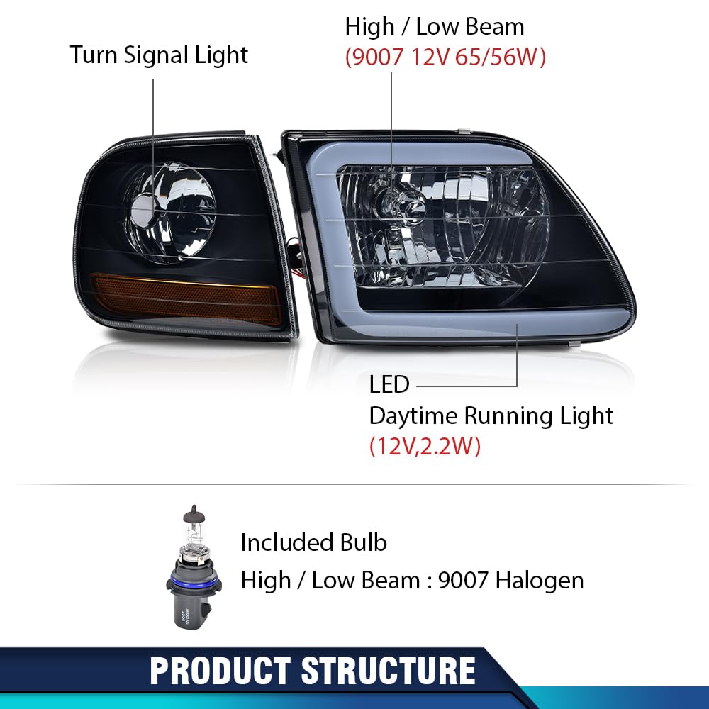 LED DRL Headlights Assembly Fit 1998-2003 Ford F150