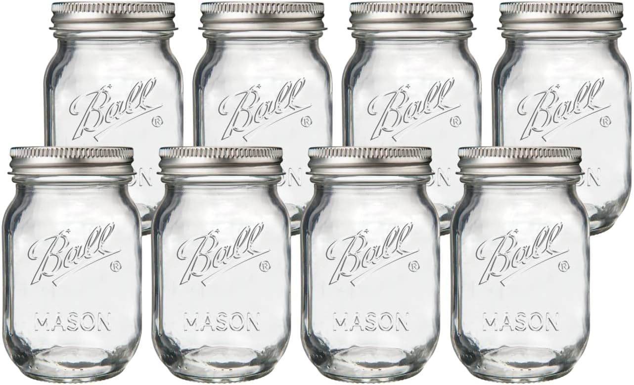Regular Mouth Pint 16oz. Glass Mason Jar with Lids and Bands, 8 Count