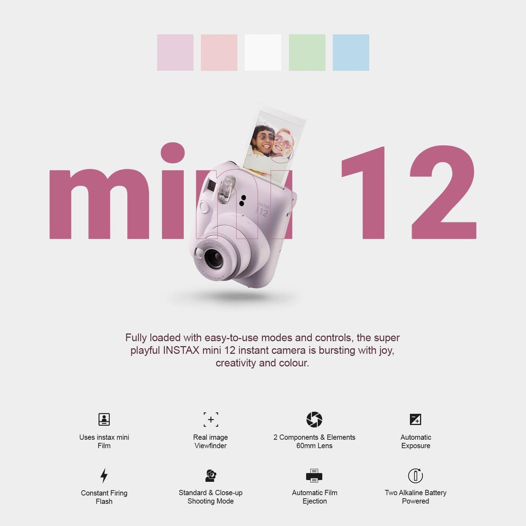 Instax Mini 12 Instant Camera + MiniMate Accessory Bundle & Compatible Custom Case + Fuji Instax Film Value Pack (50