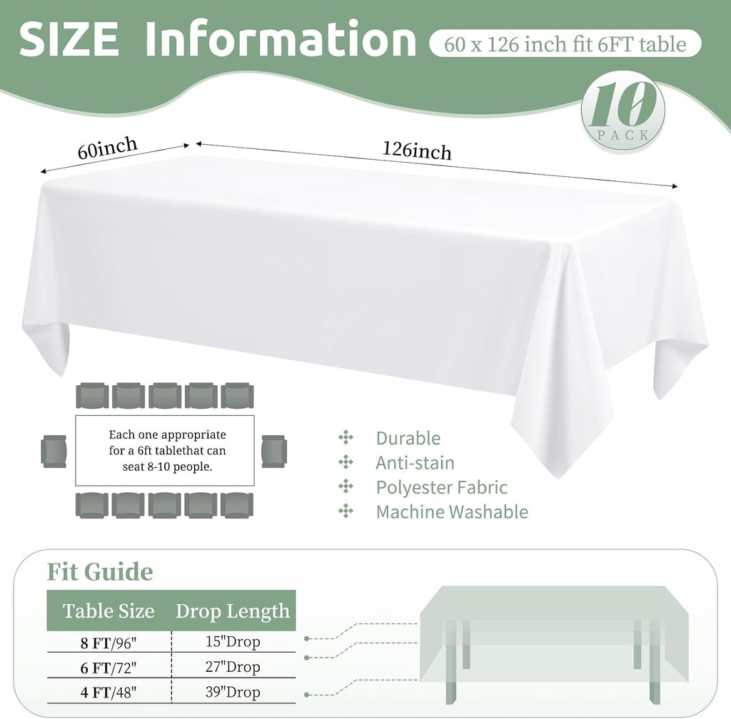 10 Pack White Tablecloths for 8 Foot Rectangle Tables 60 x 126 Inch - 8ft Rectangular Bulk Polyester Fabric Washable