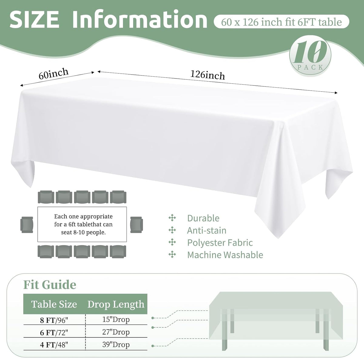 10 Pack White Tablecloths for 8 Foot Rectangle Tables 60 x 126 Inch - 8ft Rectangular Bulk Polyester Fabric Washable