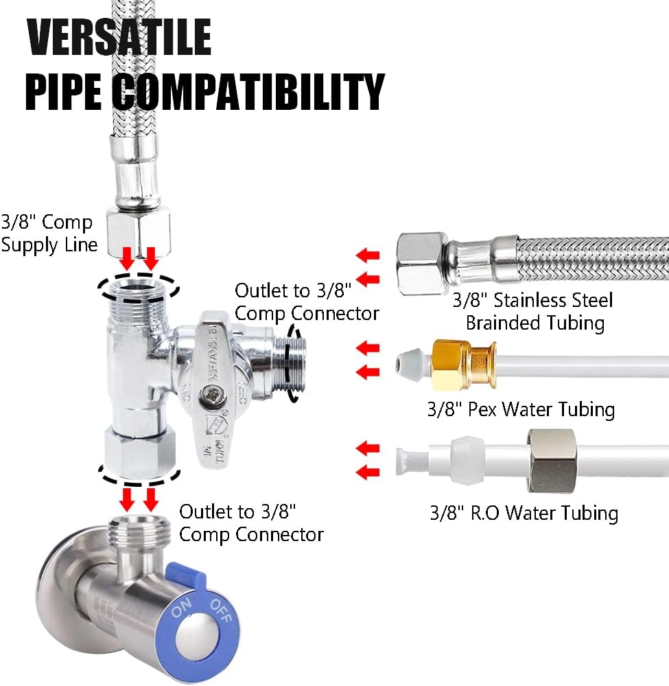 TTFLEX 3/8" x 3/8" x 3/8" Compression Tee Valve, Shut Off Valve, 1/4 Turn