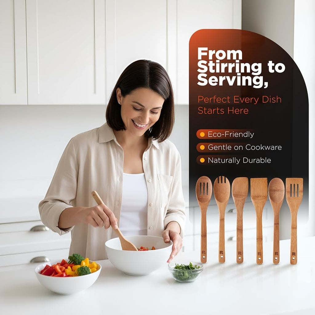 Dark Bamboo Wooden Spoons for Cooking 6-Piece, Apartment Essentials Wood Spatula Spoon Nonstick Kitchen Utensil Set