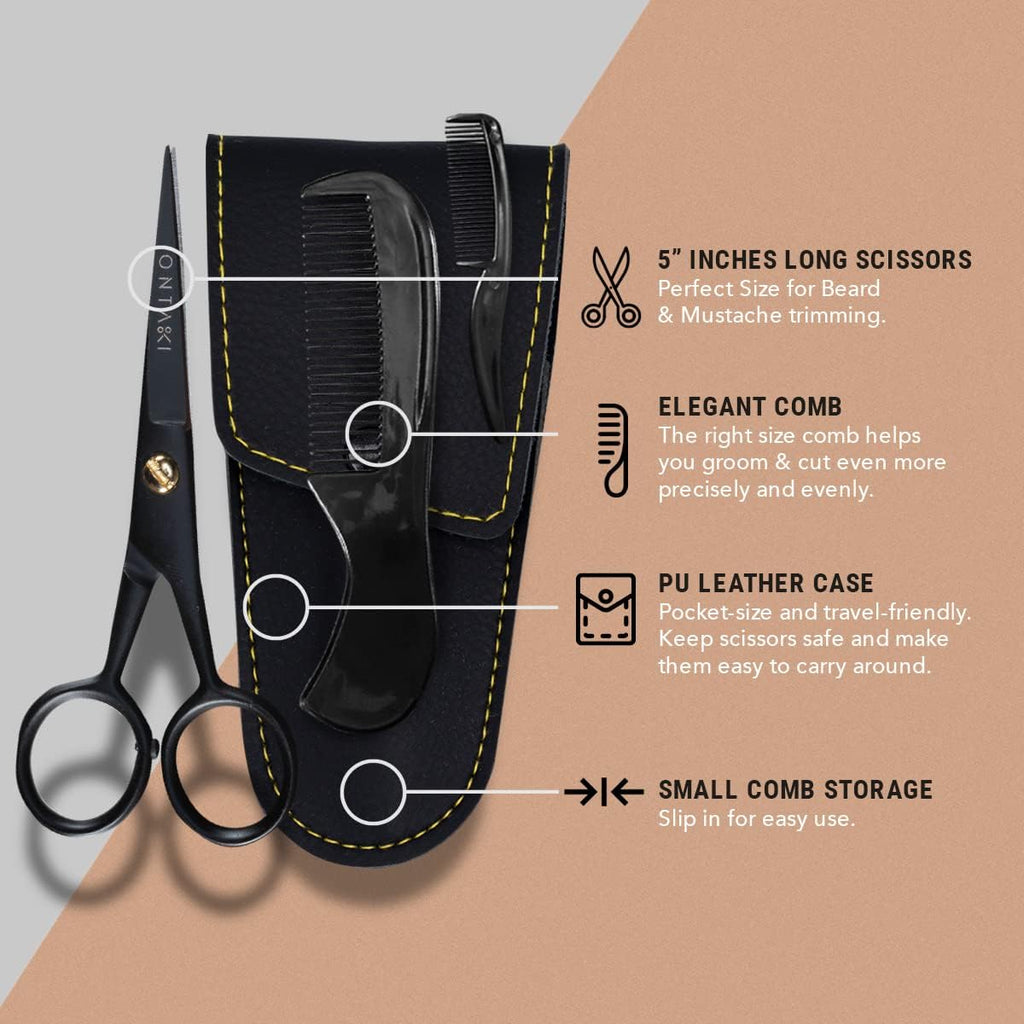 Mustache Scissors - 5-Inch, Black - Bevel-Edge Precision & Beard Trimming Scissors - Complete Kit with Mustache Comb