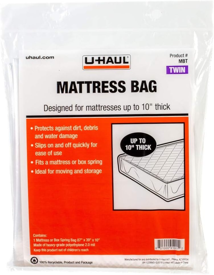 Standard Twin Mattress Bag – Moving & Storage Cover for Mattress or Box Spring - 87” x 39” x 10” (1-Pack)