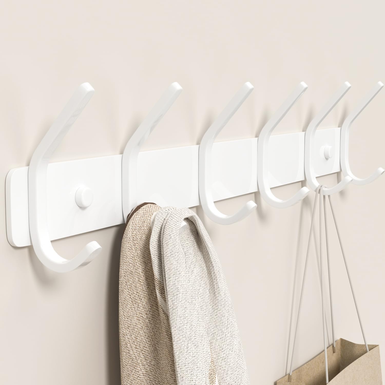 Coat Rack Wall Mount Hooks - 15 Inch Matte White Metal 6-Hook Organizer Wall Mounted, Modern Kids Room, Entryway &