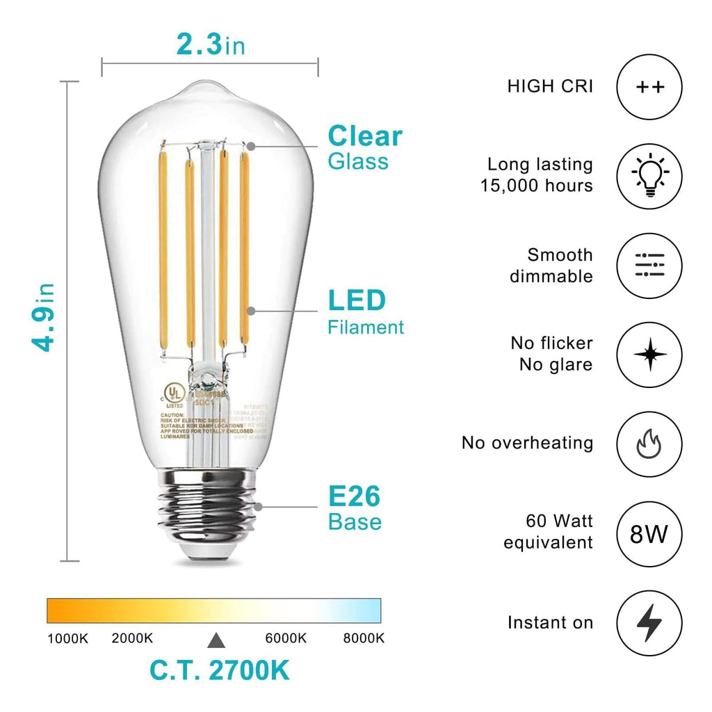 12 Pack Edison LED Light Bulbs, E26 Base, 8W 2700K, Dimmable