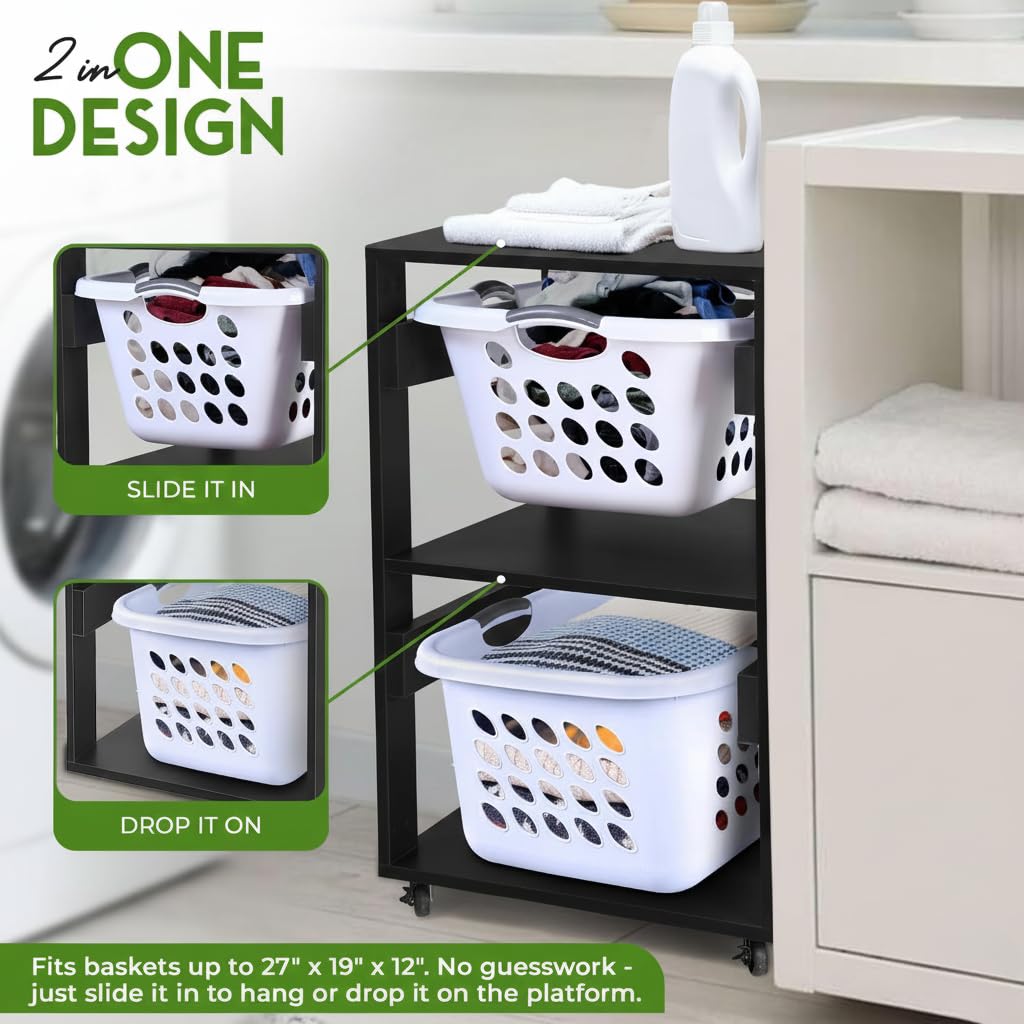 Laundry Basket Holder Shelf, Stackable Laundry Sorter, Black, 2 Tier