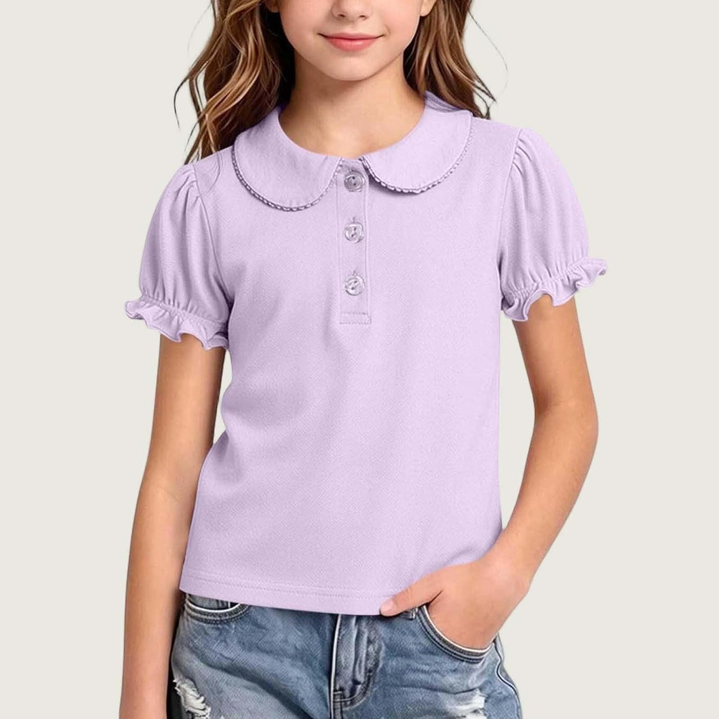 Girls Pure Cotton Polos Puff Sleeve Cute Peter Pan Collar Shirt Purple | Back to School Clothes for Teen Girls Kids