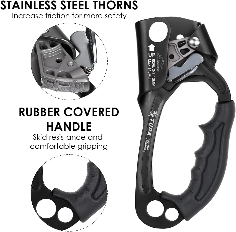 Climbing Hand Ascender 8-13mm Vertical Rope Access with Ergonomic Rubber Handle CE Certified Strong Rappelling Gear