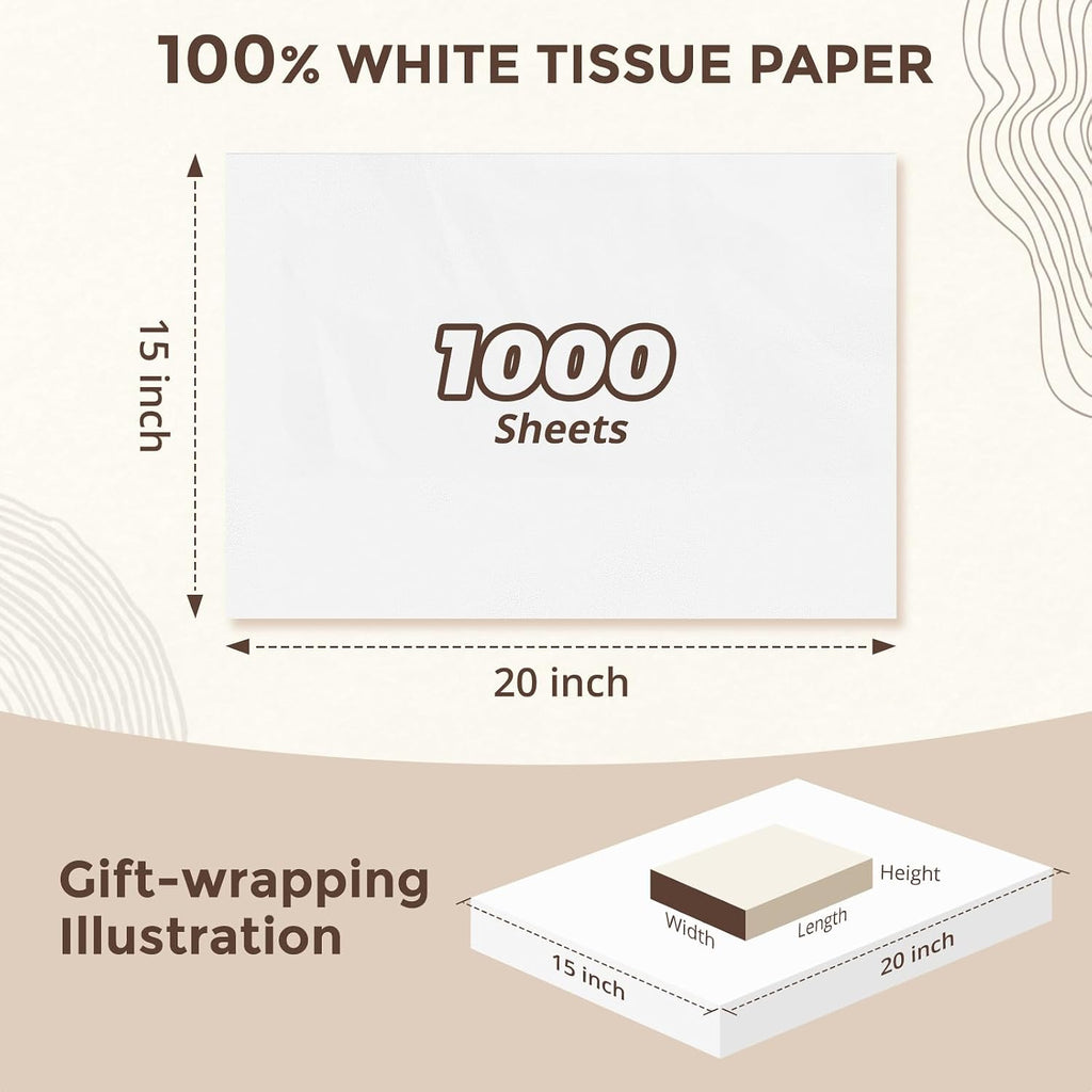 1000 Sheets White Tissue Paper Bulk, 15x20 White Tissue Paper for Gift Bags
