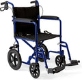 Lightweight Foldable Transport Wheelchair with Handbrakes and 12-Inch Wheels, Blue Frame, Black Upholstery