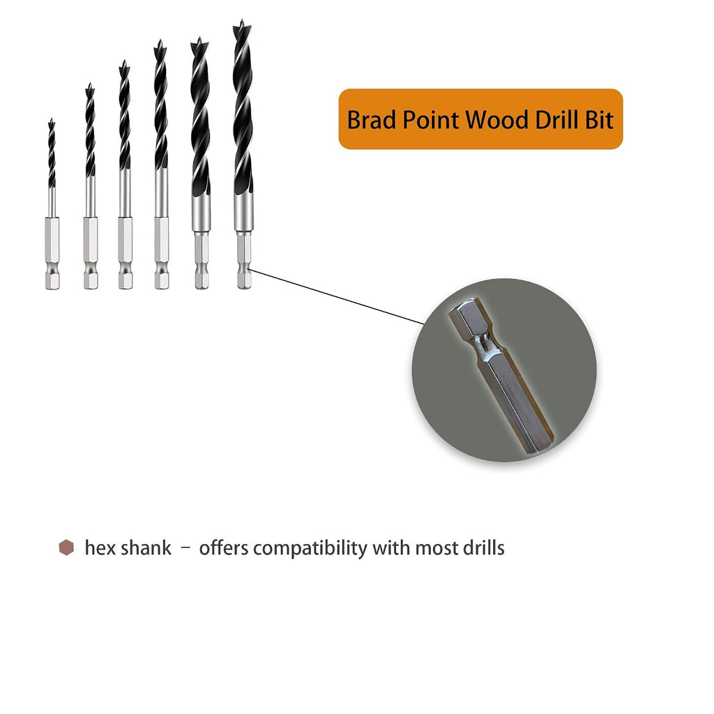 Brad Point Drill Bit Set, 6PCS Wood Drill Bits 1/8"-3/8" with Quick Change Hex Shank - Wood Drill Bit Set