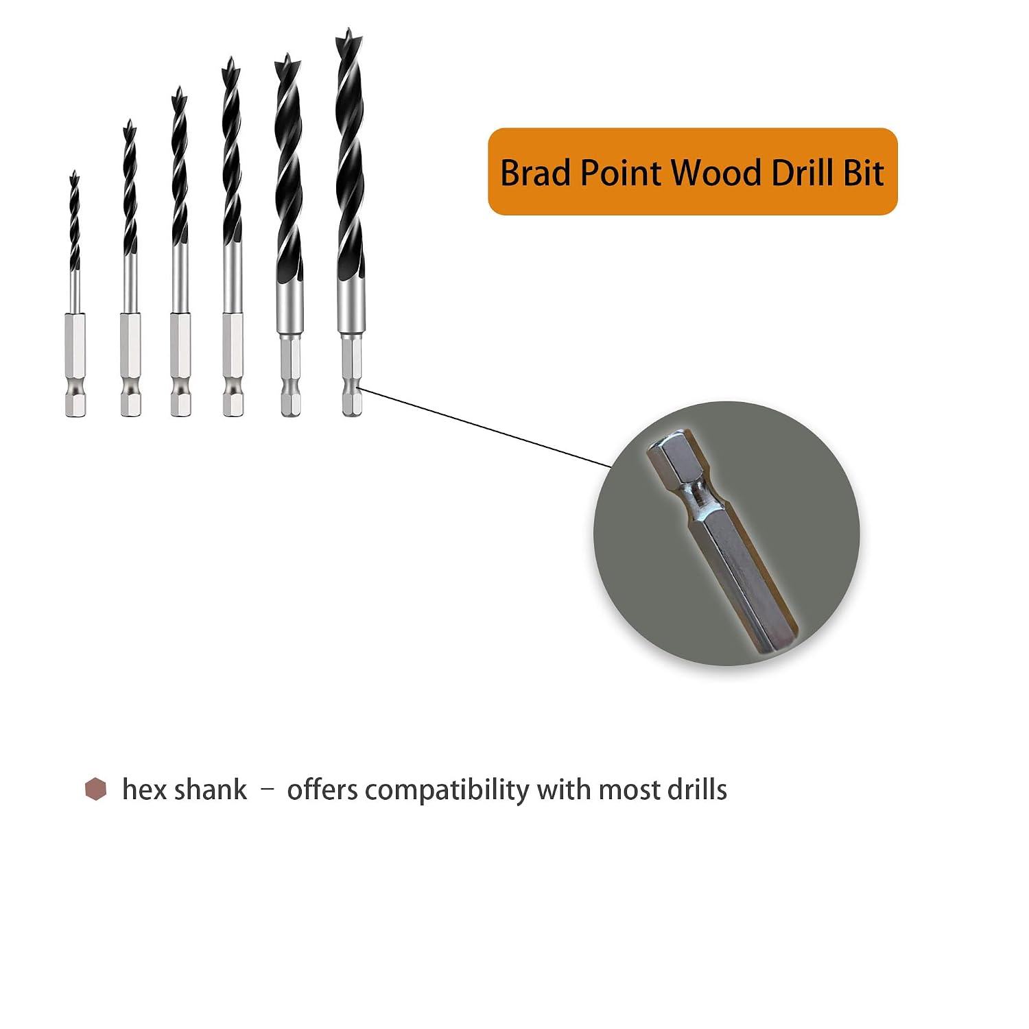 Brad Point Drill Bit Set, 6PCS Wood Drill Bits 1/8"-3/8" with Quick Change Hex Shank - Wood Drill Bit Set