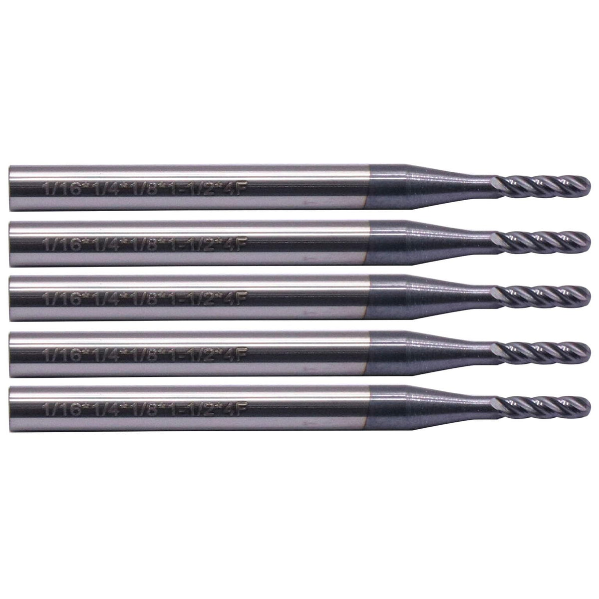 5Pcs 1/16" 4 Flute Solid Carbide Ball Nose End Mills - AlTiN Coated