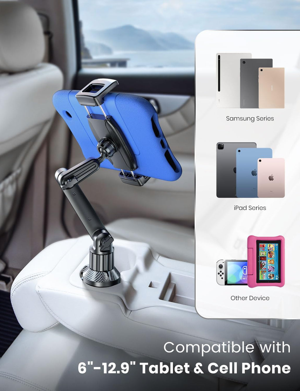 Tablet Holder for Car, for iPad Stand Cup Holder Car Mount with 1.57" Depth Large Clamp 15" Height Adjustable Tab