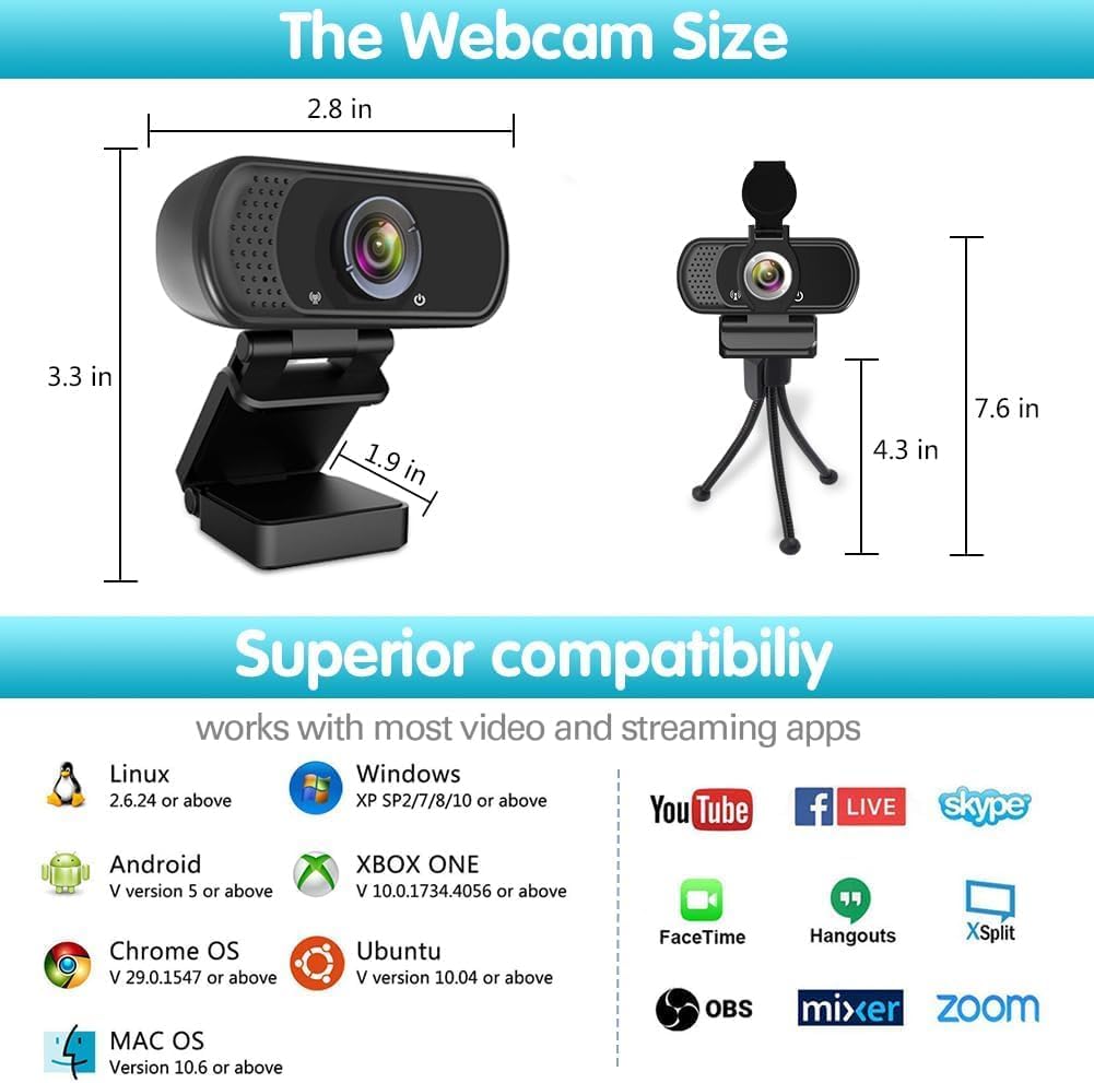 1080P Webcam with Microphone, USB Web HD Camera for PC, Laptop&Mac | 110° Wide Angle Computer Webcam with Privacy