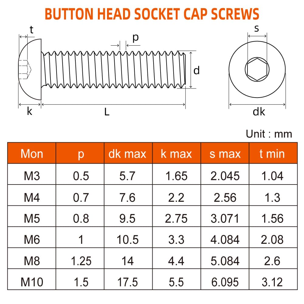 M8-1.25 x 16mm Button Head Socket Cap Screws, Stainless Steel 18-8, Bright Finish, Fully Threaded, Allen Socket Drive, 50 PCS