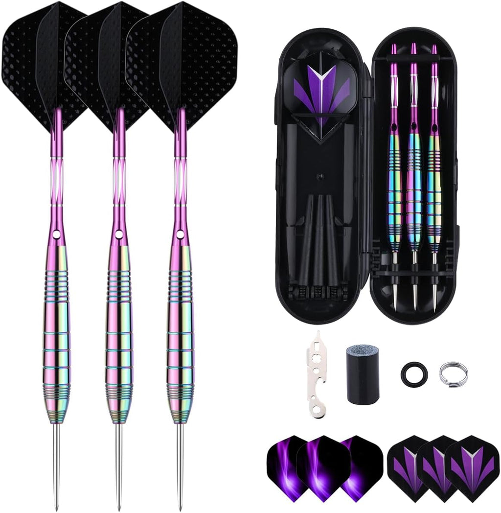 Steel Tip Darts Set for Dartboard, Professional Brass Darts Metal Tip Black Purple Aluminium Nylon Shafts 9 Flights