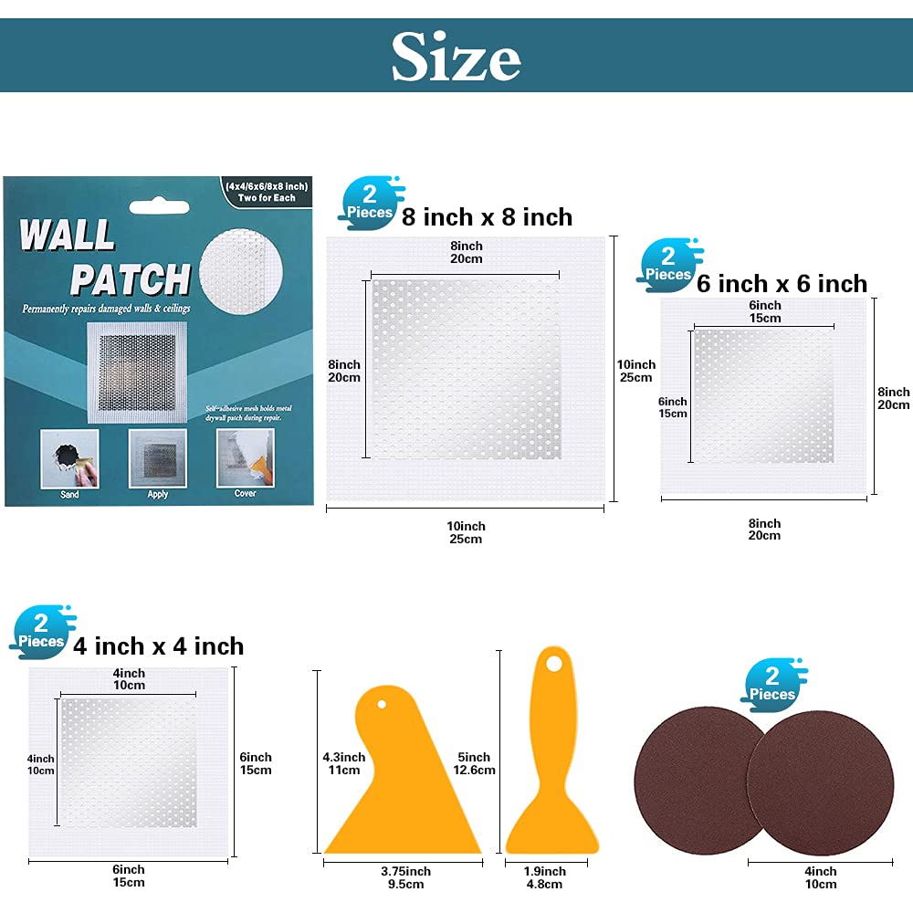 4" 6" 8" (Two of Each) Drywall Patch Kit, Sheetrock Repair Kit | Plasterboard Patch, Safe Mend Plaster Repair Kit