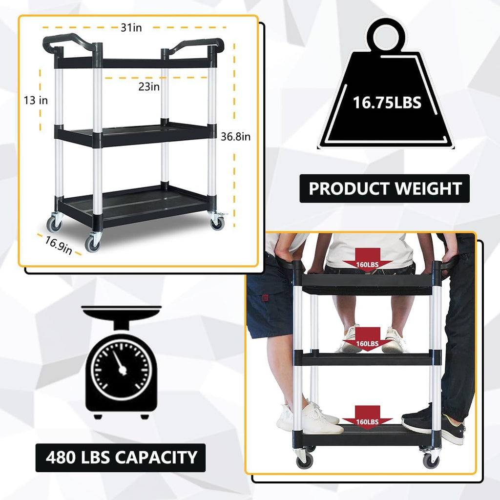 Plastic Utility Carts with Wheels, Heavy Duty 510lbs Capacity Rolling Service Cart, 3-Tier Restaurant Food Cart with