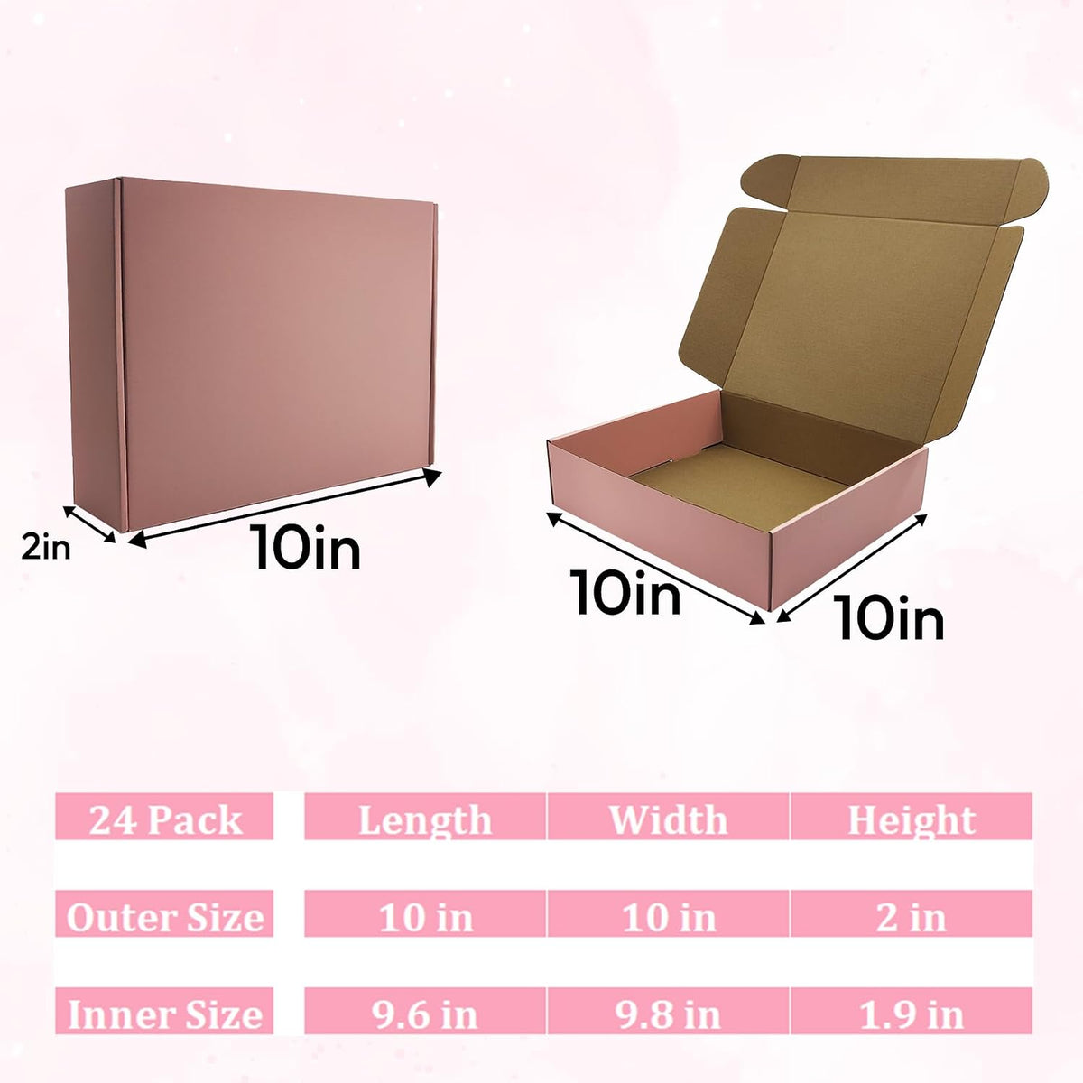 Pink Shipping Boxes 24 Pack 10x10x2 inch, Corrugated Gift Mailers