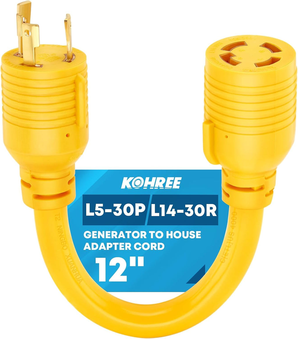 NEMA L5-30P to L14-30R Generator Adapter Cord | 12'', 3 Prong to 4 Prong Generator Adapter, STW 10 AWG, 30 Amp