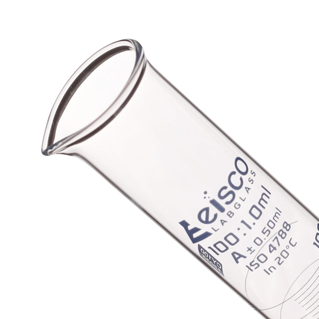 Graduated Cylinder, 100ml - Class A Tolerance ±0.50ml - Hexagonal Base - Blue Graduations - Borosilicate 3.3 Glass - Eisco Labs