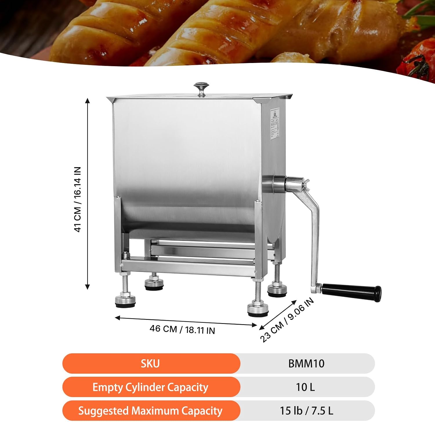 Hakka Manual Meat Mixer 15lb/7.5L, 10L Stainless Steel Updated Commerial Food Mixer for Meat and Seasonings, Sausage