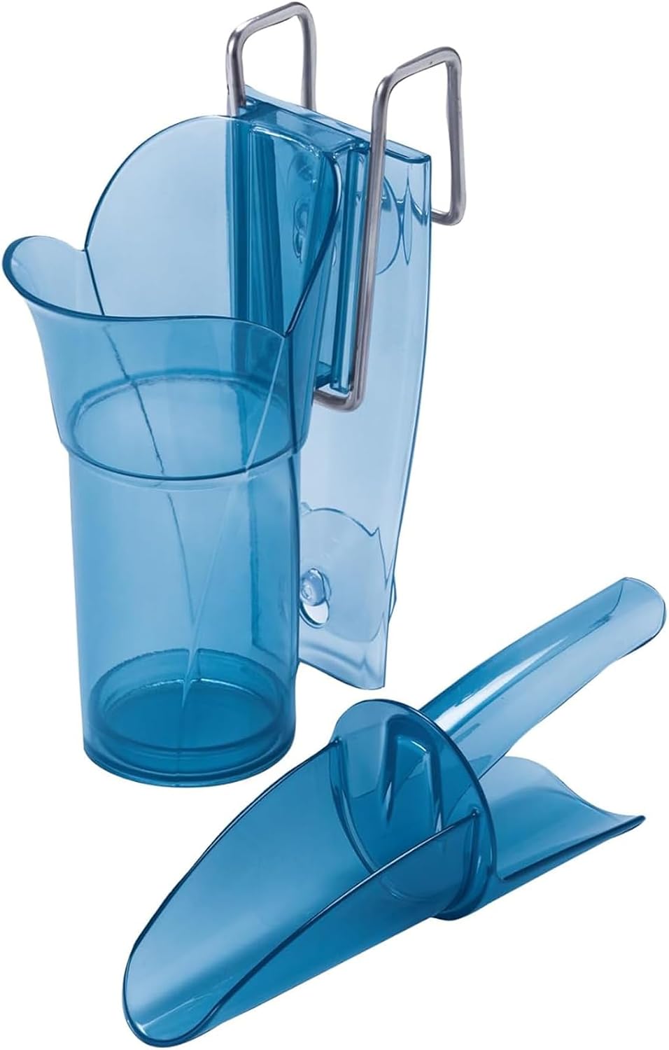 Ergonomic Ice Scoop with Shield and Pouring Chute – Includes Storage Caddy, 6–10 oz Capacity, Blue