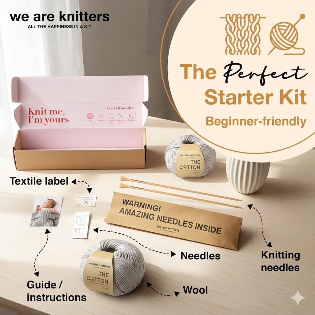 Blanket Knitting Kit for Beginners – DIY Cotton Throw Starter Set with Knitting Needles, Sewing Needle, Textile Label