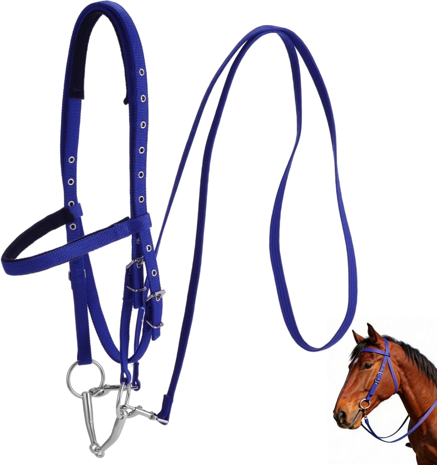 Horse Bridle with Bit, Adjustable Nylon Headstall and Reins, Padded Crown and Noseband, Quick Release Buckle, for