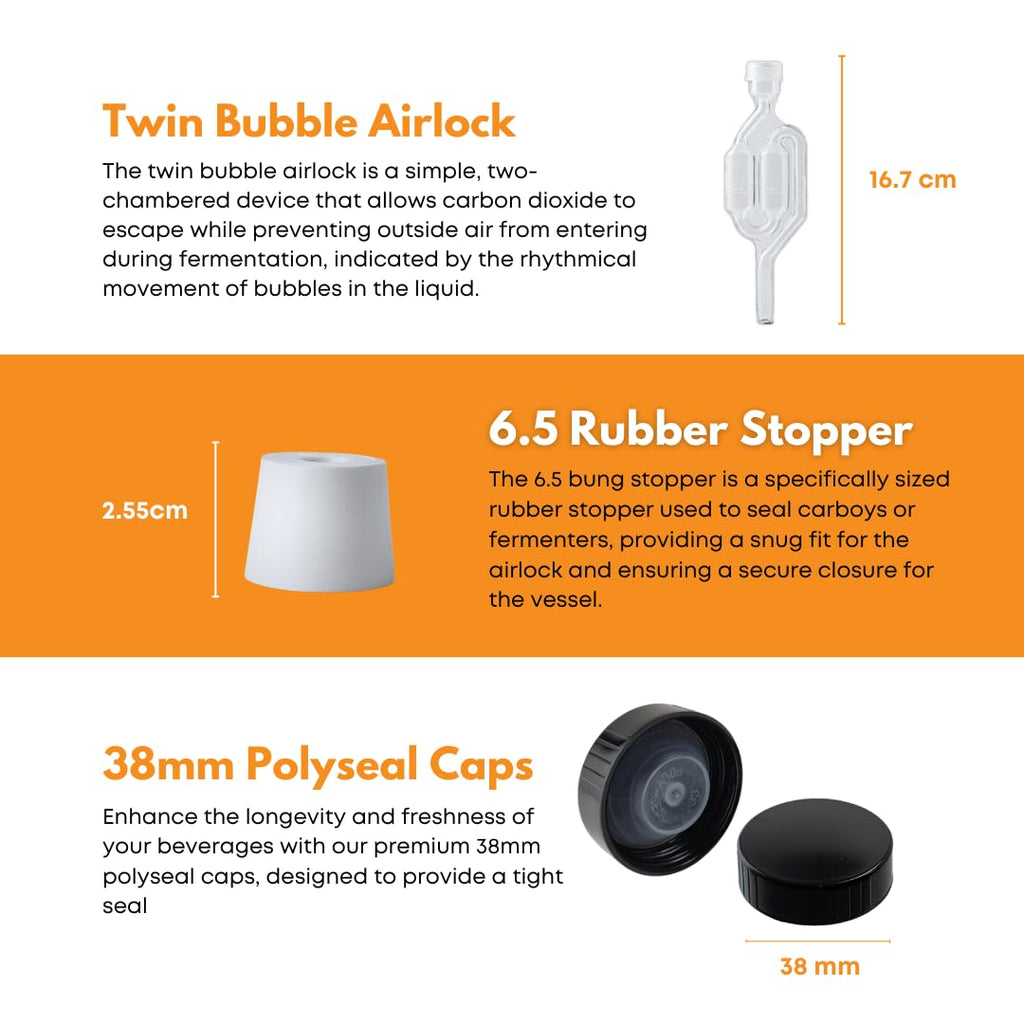 1 Gallon Glass Jug with Airlock, Black Polyseal Cap and #6.5 Rubber Bung | Clear Fermentation Jug for beer, wine
