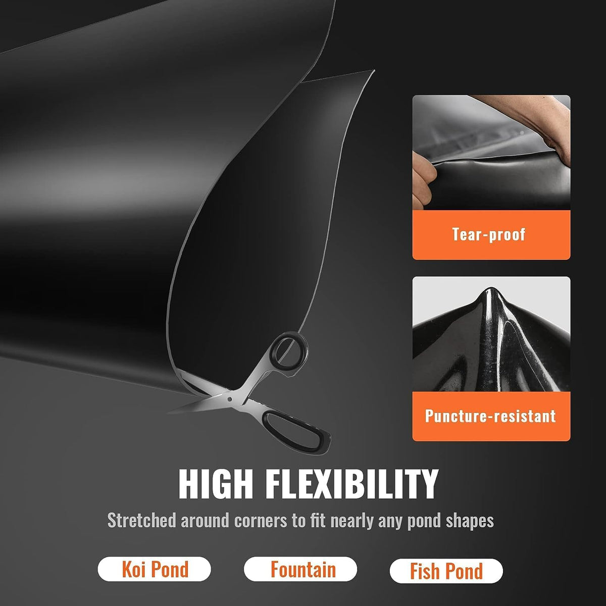 20 x 25 ft Pond Liner, 45 Mil Thickness, Durable EPDM Material, Black