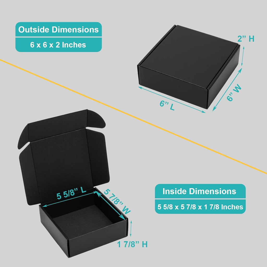 6x6x2" Small Black Shipping Boxes - 24 Pack Corrugated Cardboard Mailing Box Packaging for Small Business - Tab