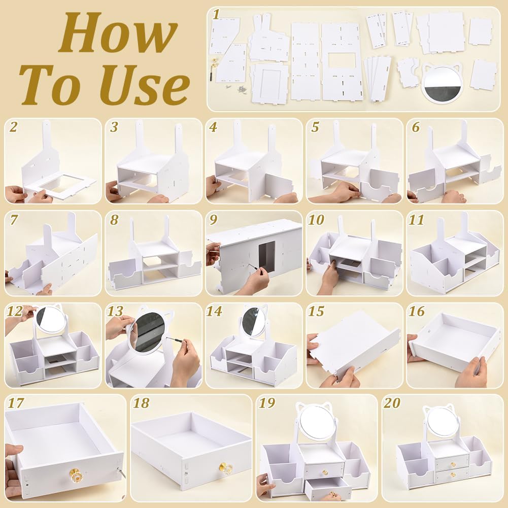1Pc Wooden Makeup Organizer with Mirror Drawers