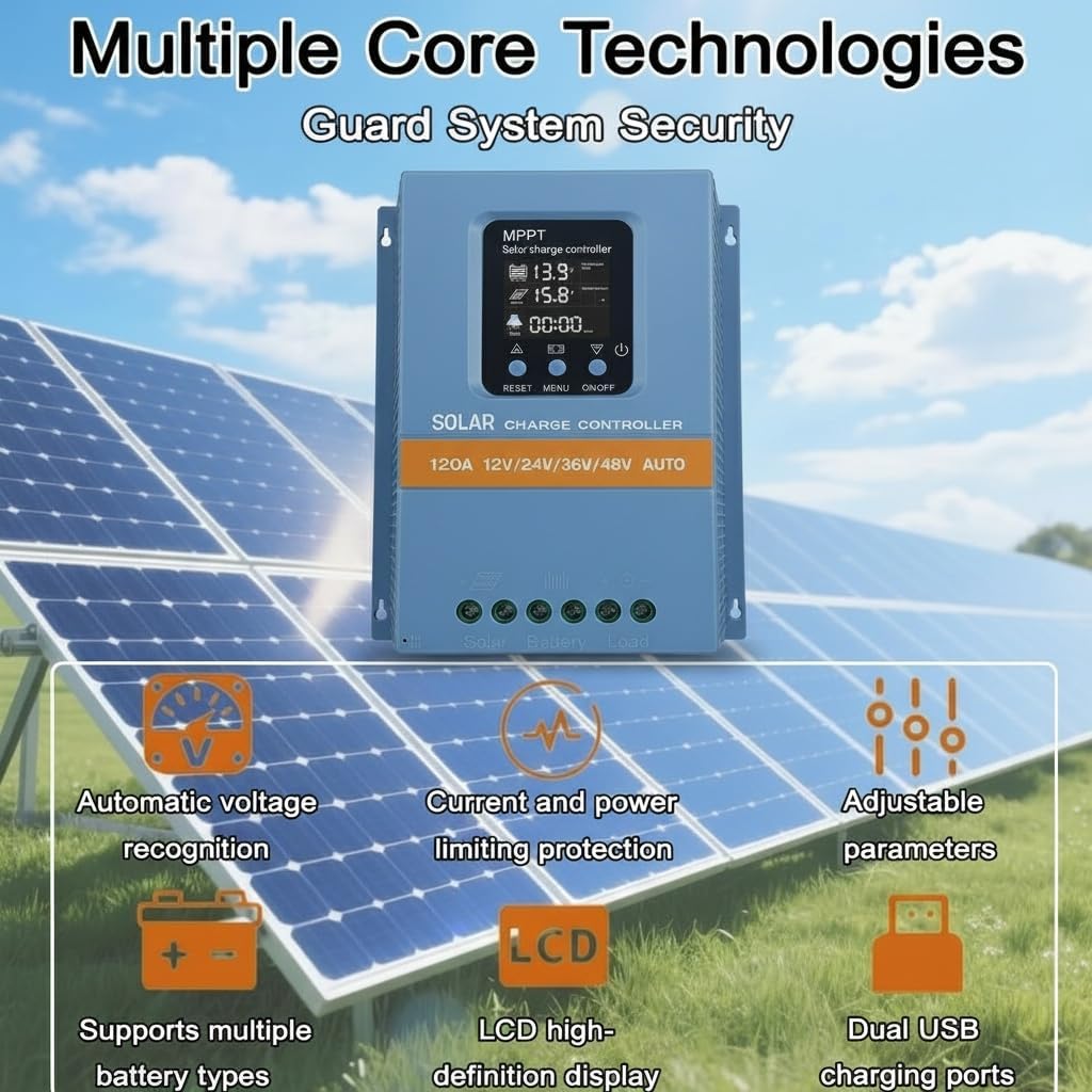 Solar Charge Controller 120A 12V 24V 36V 48V Intelligent Recognition LCD Display Battery Intelligent Regulator