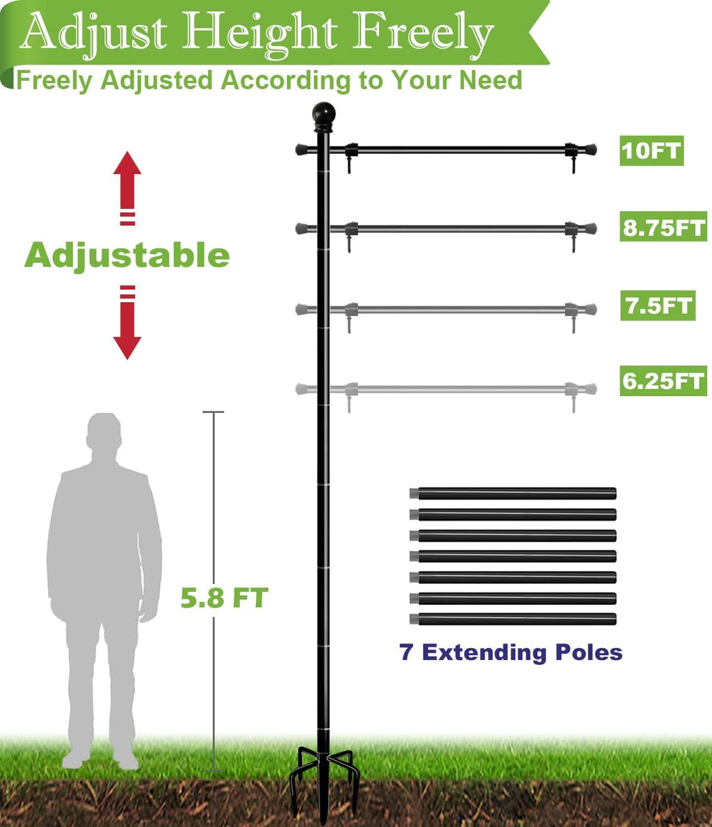 10 FT Garden Flag Pole for Outside House for 3x5 American Flags | Adjustable Flag Poles Stand In Ground with 5 Prong