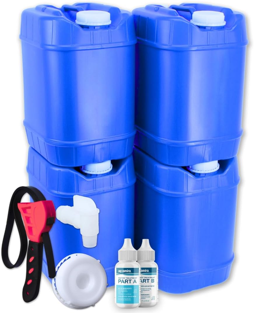 5-Gallon Stackable Water Storage Containers, Water Treatment, 5 Lids + 1 Spigot, Easy Fill, Survial Supply Emergency
