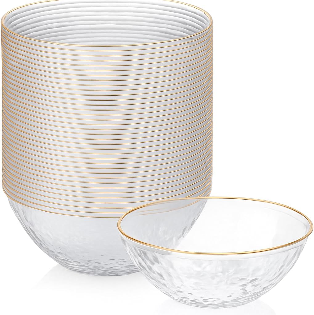 100 Pack Hammered Gold Plastic Bowls Disposable Heavy Duty - 12 Oz Clear Plastic Bowls For Parties - Premium Clear