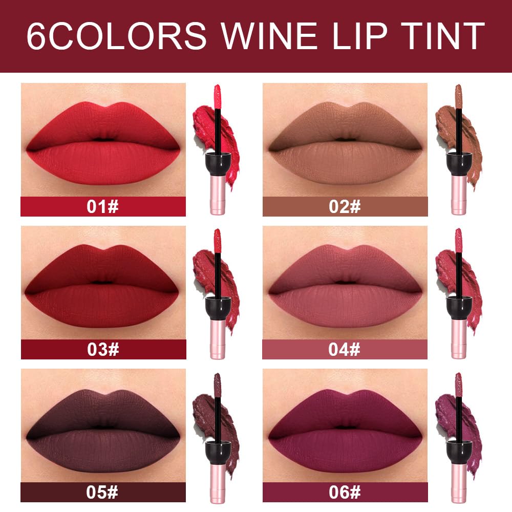 6Pcs Wine Bottle Lip Tint Stain Set Long Lasting Lipstick 24 hour Waterproof for Women, Ruby Dark Deep Rose Red Plum
