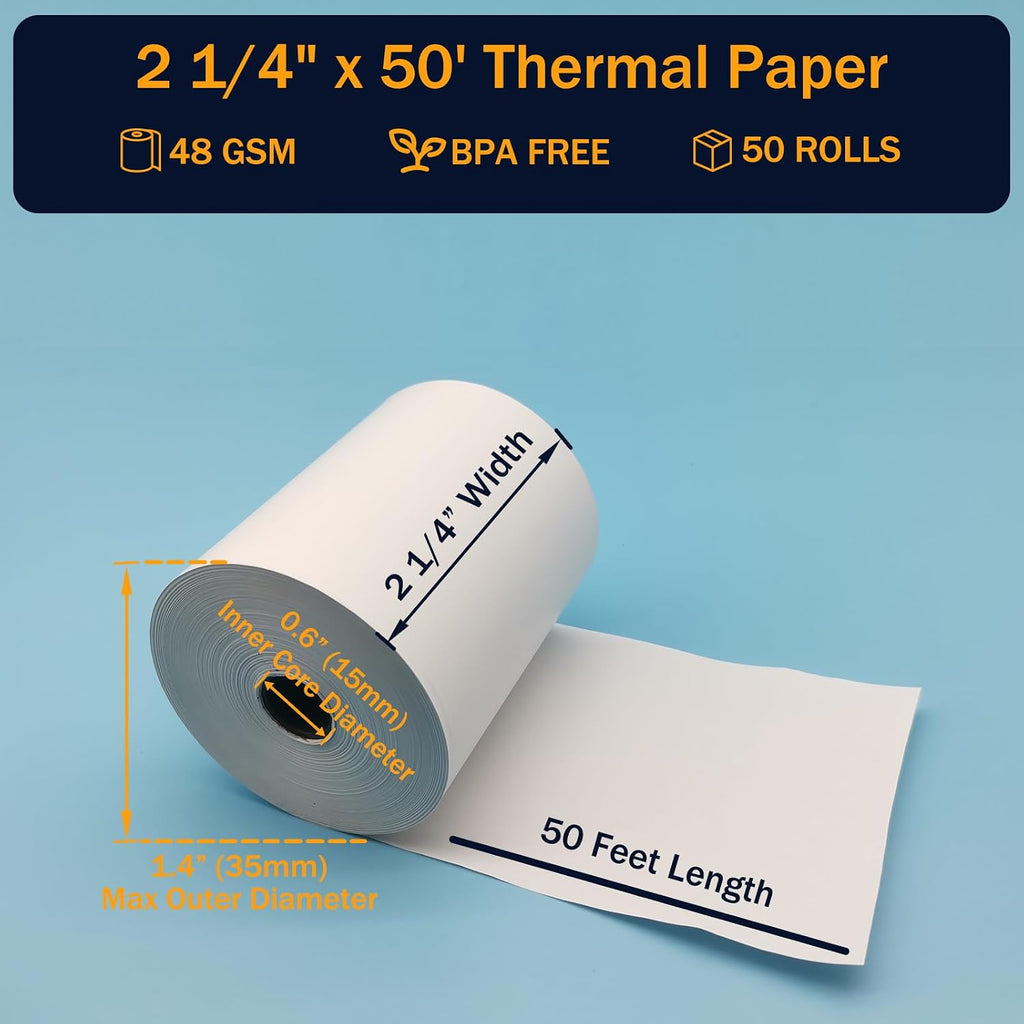 (50 Rolls) 2 1/4 x 50 Thermal Paper Rolls, BPA Free Thermal Receipt Paper Rolls, 2.25 inch Width and 50 ft Longth Per