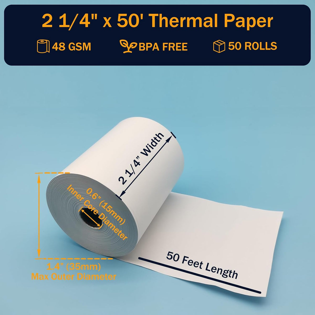 (50 Rolls) 2 1/4 x 50 Thermal Paper Rolls, BPA Free Thermal Receipt Paper Rolls, 2.25 inch Width and 50 ft Longth Per