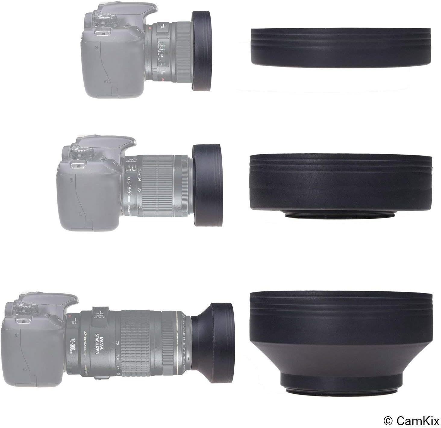 77mm Set of 2 Camera Lens Hoods and 1 Lens Cap - Rubber (Collapsible) + Tulip Flower - Sun Shade/Shield - Reduces