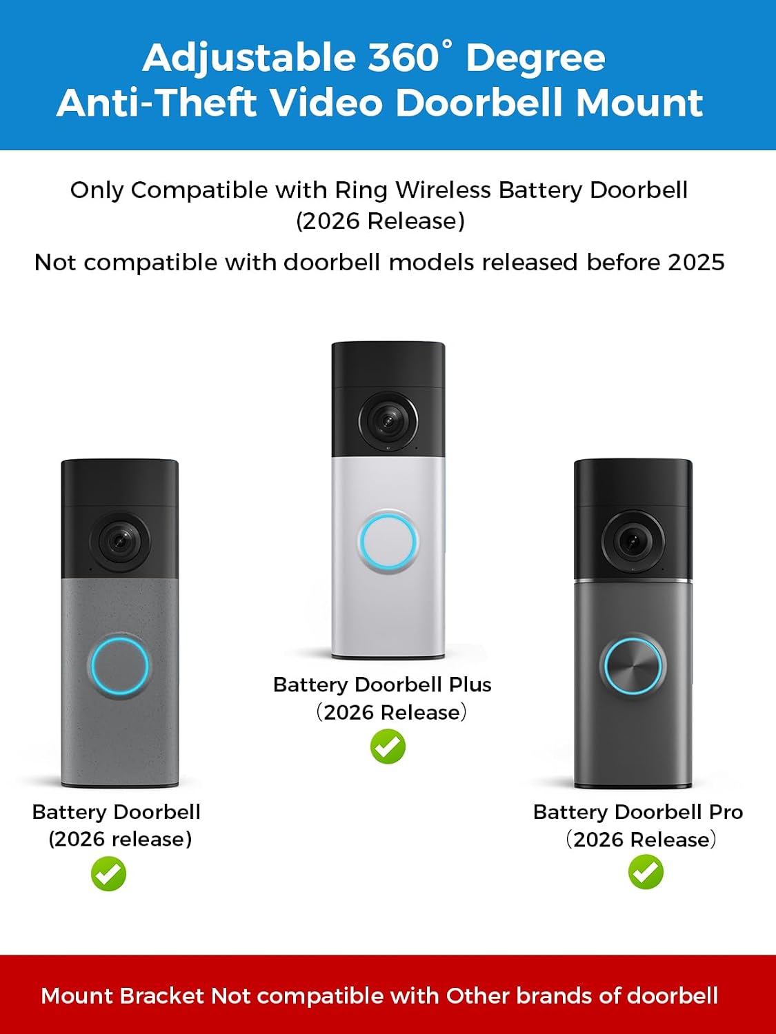 2026Anti-Theft Video Doorbell Mount，Adjustable 360° Degree Doorbell Angle No-Drill Mount Compatible with Ring Battery