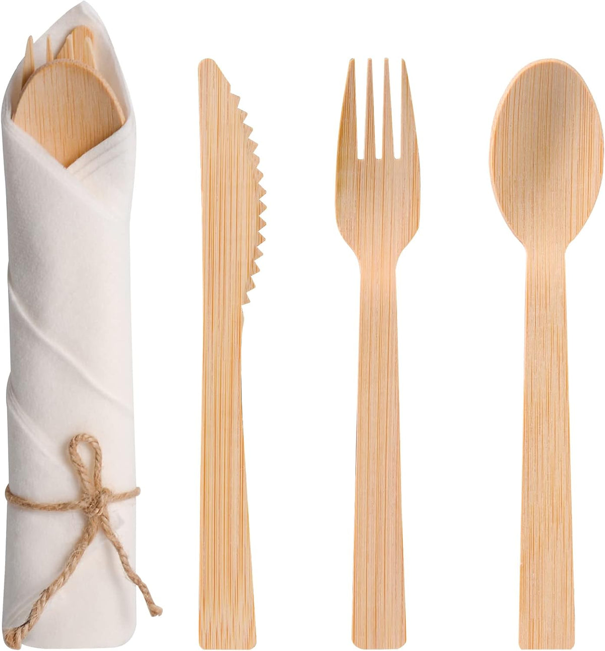 Pre Rolled Napkin and Bamboo Cutlery Set - 30Pack Bamboo Utensils/Cutlery Set(30 Forks, 30 Knives, 30 Spoons, 30